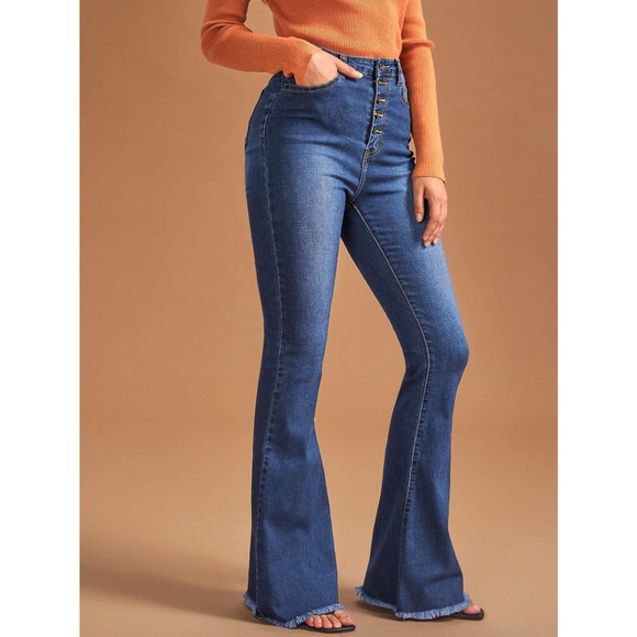 High Waist Button Front Flare Leg Jeans dark wash button fly - Picture 3 of 6